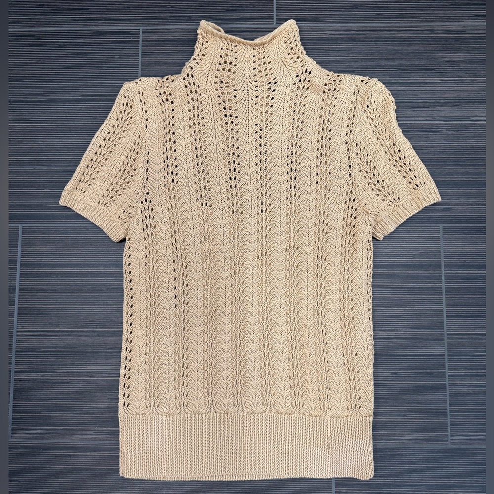 Lauren Ralph Lauren Camel Open Knit Mock Neck Sweater Short Sleeve Size S